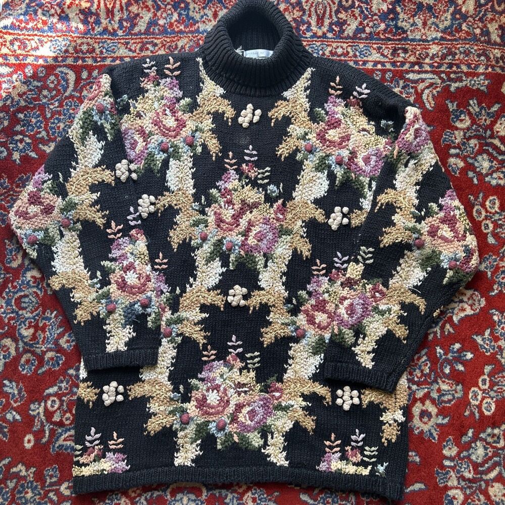 VINTAGE Jennifer Reed Hand Knit Sweater Women's Medium 1990s 3D Floral Motif